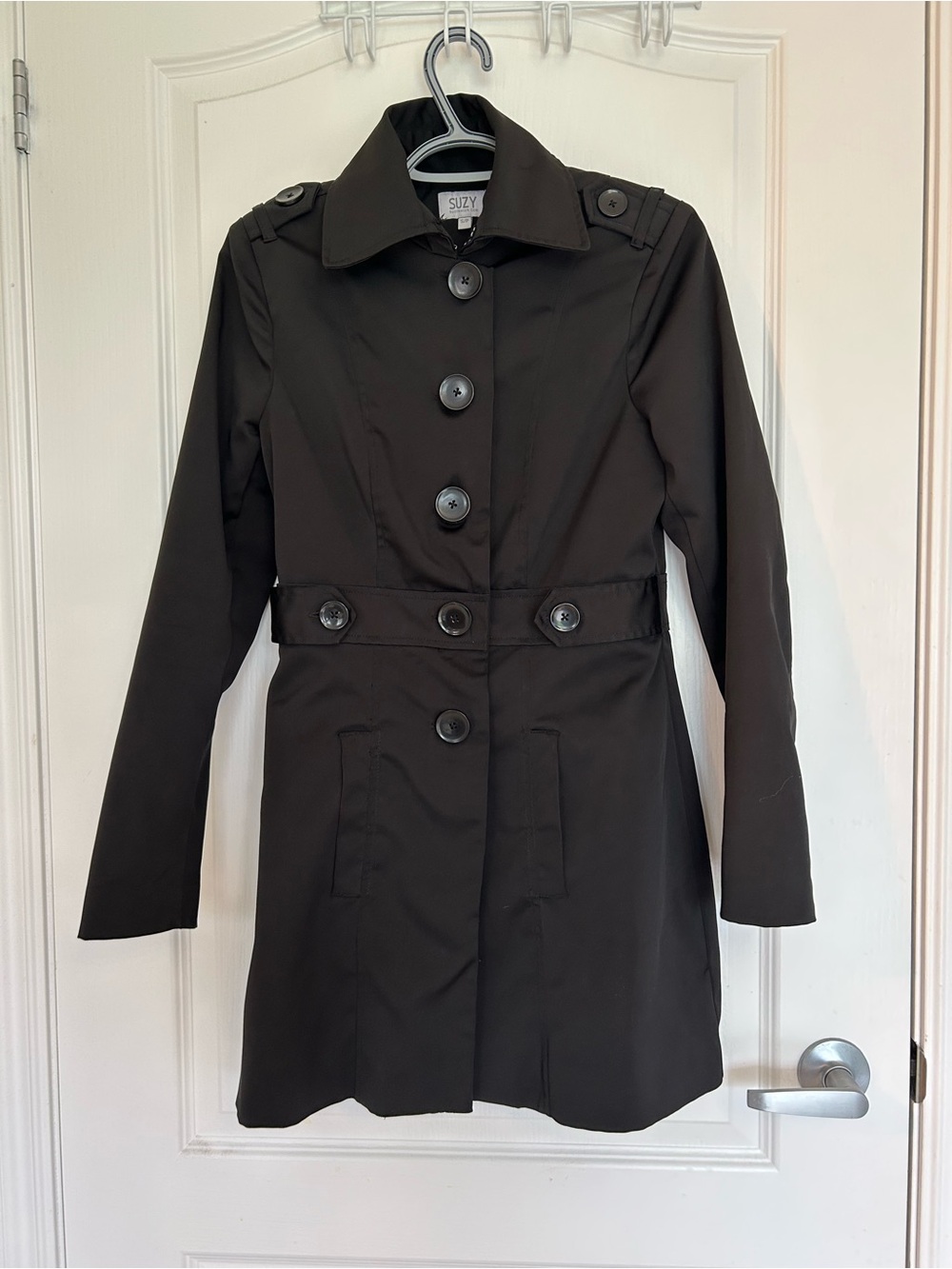 Suzy Shier Black Button-Front Trench Coat with Epaulets